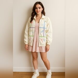 Alia Sport Vintage Windbreaker Jacket White Pink Embroidered Butterfly Floral XL